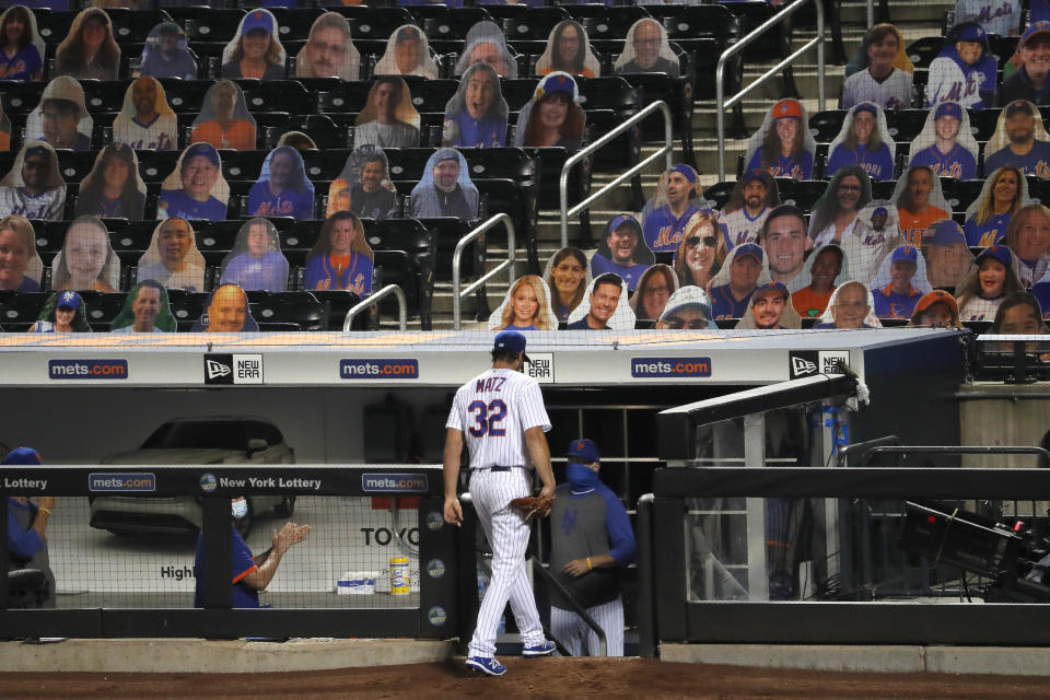 New York Mets starting pitcher Steven Matz leaves the field after being pulled from the game during the sixth inning of the baseball game against the Boston Red Sox at Citi Field, Thursday, July 30, 2020, in New York. (AP Photo/Seth Wenig)
