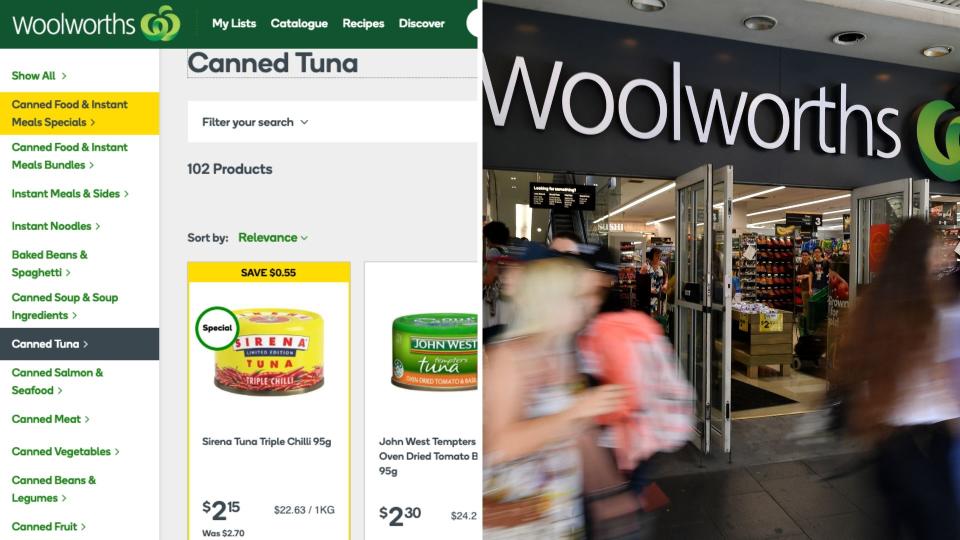 Woolworths online store on left, Woolworths storefront on right.