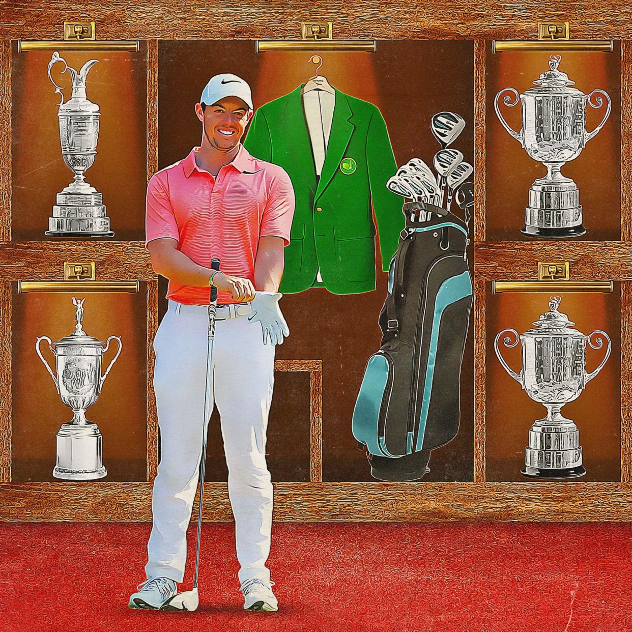 A composite image of Rory McIlroy with the four trophies and a green jacket