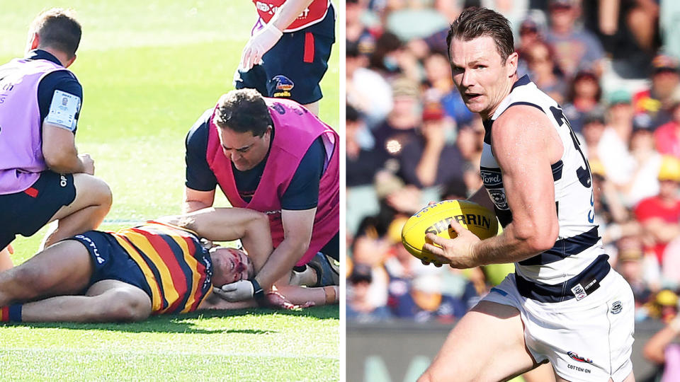 Patrick Dangerfield (pictured right) running with the ball and Jake Kelly (pictured left) knocked out.