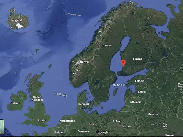 Eine Karte von Europa, auf der der neue Kernreaktor Olkiluoto 3 eingezeichnet ist. - Copyright: Google Maps
