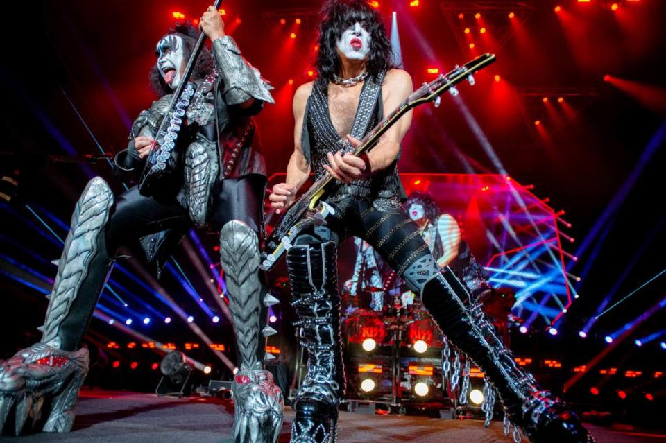 Gene Simmons (left) and Paul Stanley lean into the crowd while playing “Shout It Out Loud” as KISS brings their End of the Road World Tour to Raleigh, N.C.’s Coastal Credit Union Music Park at Walnut Creek, Tuesday night, May 17, 2022.