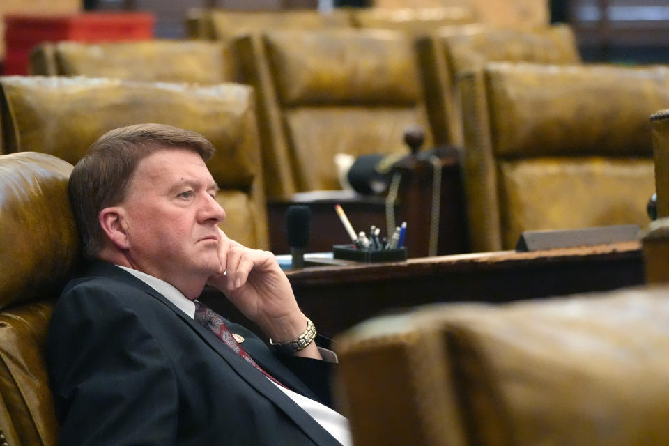 Mississippi State Rep. Greg Haney, R-Gulfport, listens as Republican Gov. Tate Reeves delivers his State of the State address to the State Legislature, Monday, Feb. 26, 2024, at the state Capitol in Jackson, Miss. A number of legislators missed the joint session of the state Legislature. (AP Photo/Rogelio V. Solis)