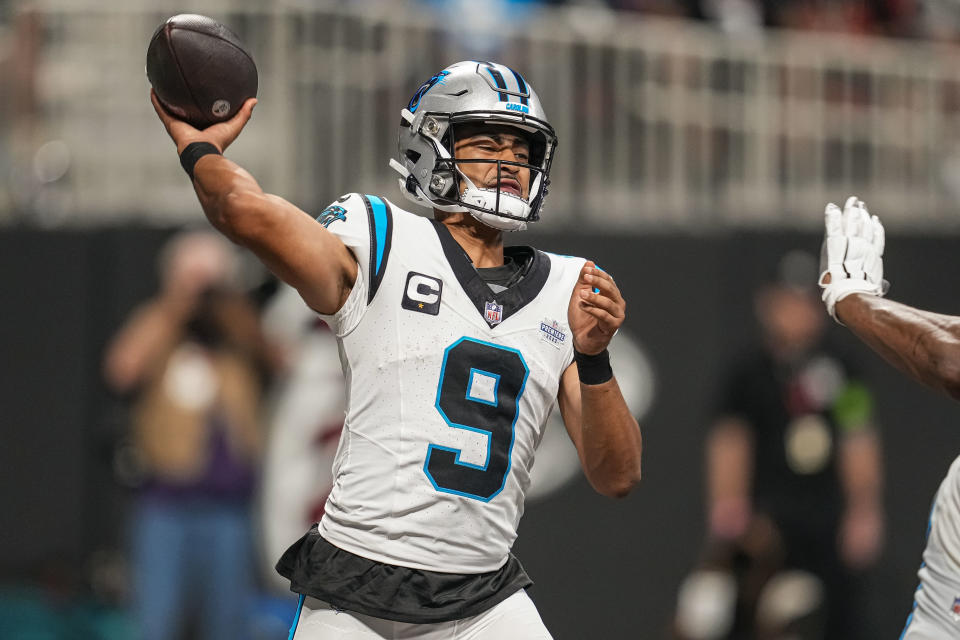 Sep 10, 2023; Atlanta, Georgia, USA; Carolina Panthers quarterback Bryce Young (9) passes against the Atlanta Falcons during the second half at Mercedes-Benz Stadium. Mandatory Credit: Dale Zanine-USA TODAY Sports