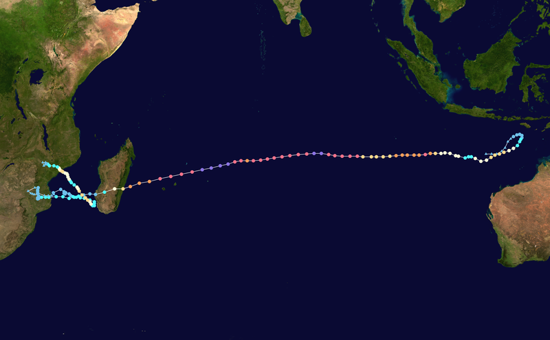 Freddy’s path across the Indian Ocean. 