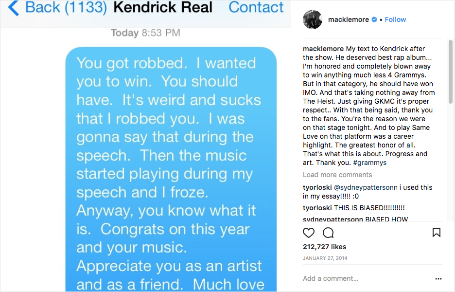 Macklemore texts Kendrick Lamar "I robbed you"