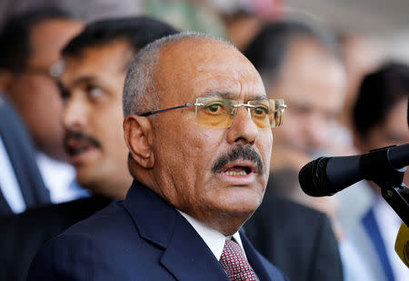 FILE PHOTO: Yemen's former President Ali Abdullah Saleh addresses a rally held to mark the 35th anniversary of the establishment of his General People's Congress party in Sanaa, Yemen August 24, 2017. REUTERS/Khaled Abdullah/File Photo