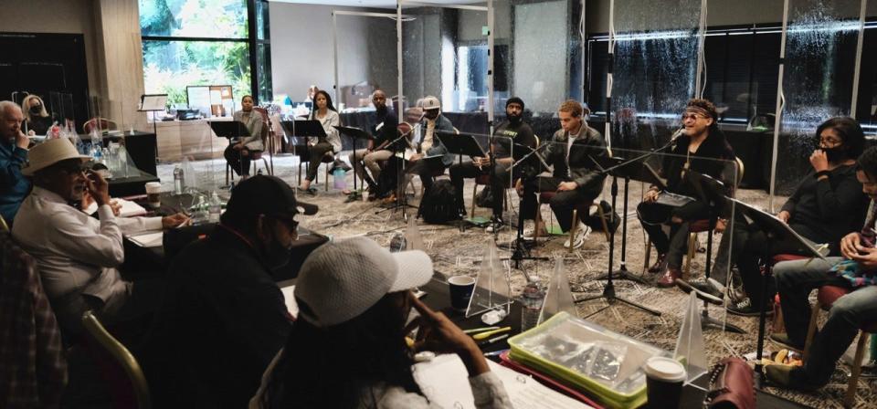 Duke Fakir of the Four Tops (left) attends a read-through with actors in Los Angeles during preproduction for the Tops' "I'll Be There" musical.