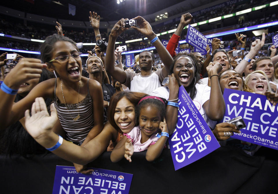 Supporters cheer for then Democratic presidential hopeful Sen. Barack Obama, D-Ill., at a rally in Sunrise, Fla., in May 2008. (Photo: Chris Carlson/AP)