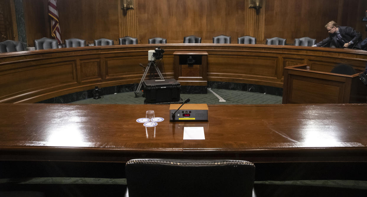 The Senate Judiciary Committee hearing room is prepared for Thursday’s planned testimony from Christine Blasey Ford on Capitol Hill in Washington on Wednesday. (Photo: AP/J. Scott Applewhite)