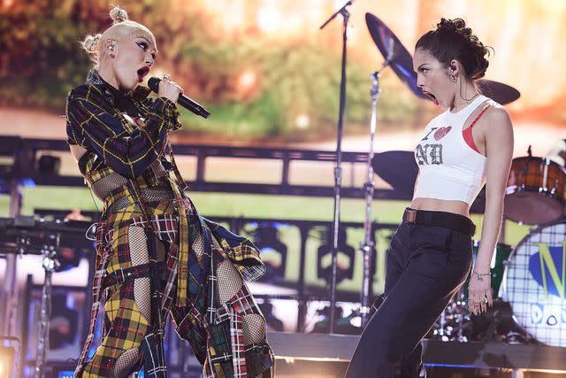 <p>John Shearer/Getty</p> No Doubt's Gwen Stefani and Olivia Rodrigo perform at Coachella 2024