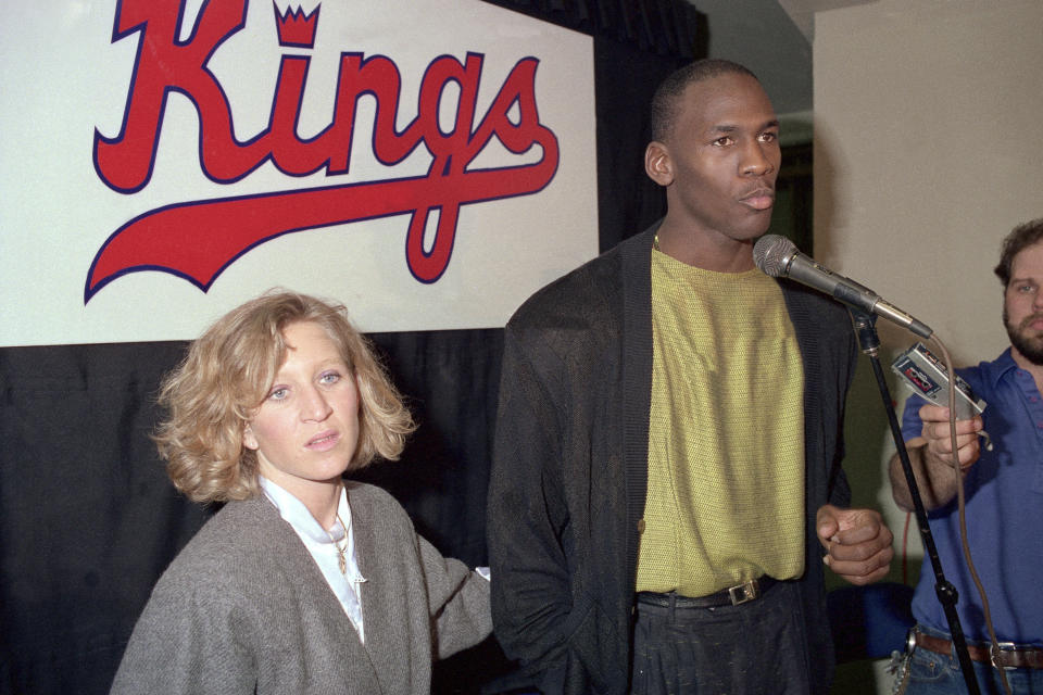 Michael Jordan talks to the media prior to a game against the Sacramento Kings on February 1, 1988 at the Arco Arena in Sacramento, California. (Photo by Rocky Widner/NBAE via Getty Images)