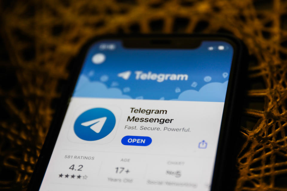 Telegram Messenger logo on the App Store is seen displayed on a phone screen in this illustration photo taken in Poland on January 14, 2021. Signal and Telegram messenger apps gained popularity due to the new WhatsApp's privacy policy. (Photo illustration by Jakub Porzycki/NurPhoto via Getty Images)