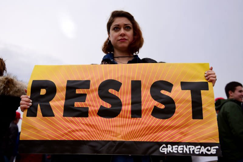 Greenpeace protesters gather at Donald Trump's inauguration ceremony at the Capitol on January 20, 2017, in Washington, D.C. On Sept. 15, 1971, the environmental organization Greenpeace was founded by 12 members of the Don't Make A Wave committee of Vancouver, British Columbia. File Photo by Michael Wiser/UPI