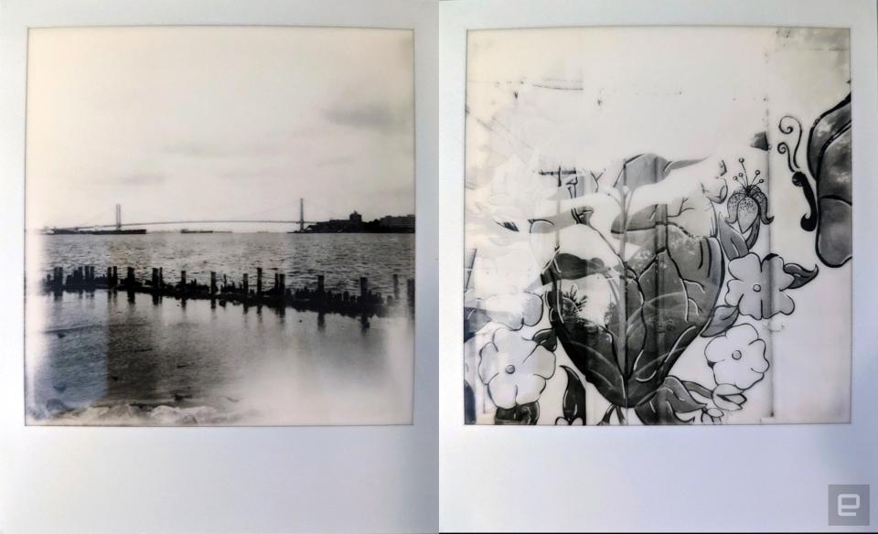 Two mangled, but kinda cool photos taken with the Polaroid I-2 on black and white i-Type film.