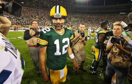 Green Bay Packers quarterback Aaron Rodgers (12) as he leaves the field following the game against the Seattle Seahawks at Lambeau Field. Packers won 27-17. Sep 20, 2015; Green Bay, WI, USA. Ray Carlin-USA TODAY Sports