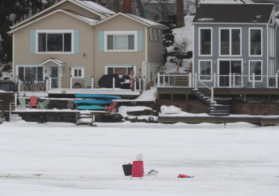 A memorial was placed on the ice of the West Reservoir near Pick's on Portage Lakes where the riders of an ATV and snow mobile collided, killing one of them and seriously injuring the other.