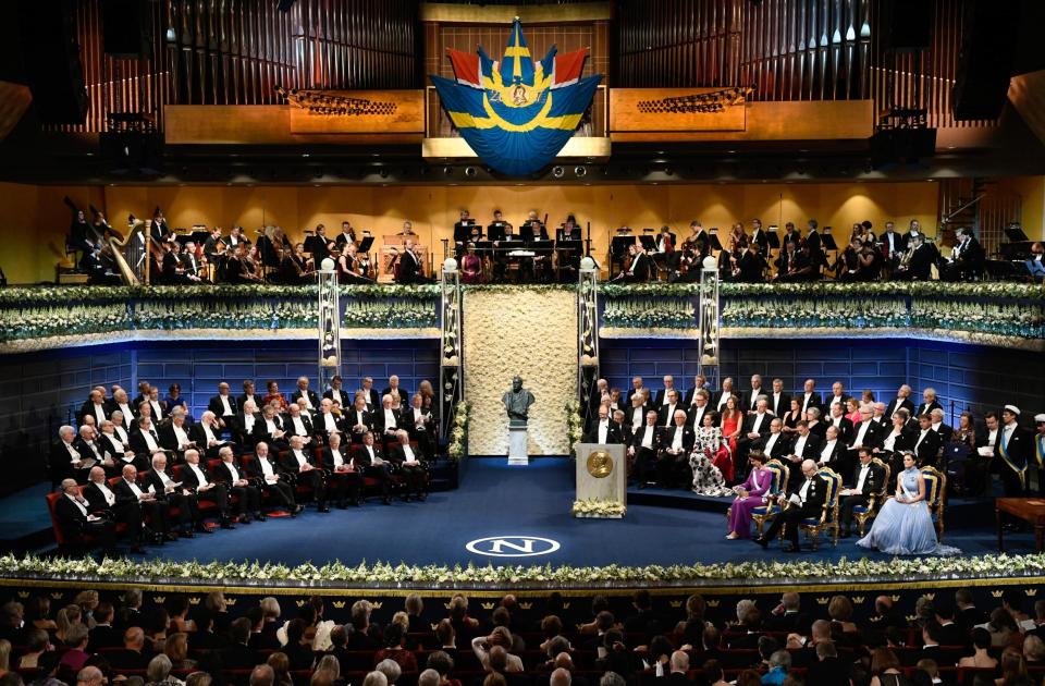 Members of the Swedish Royal Family and Nobel laureates attend the opening of the award ceremony in 2017: Getty