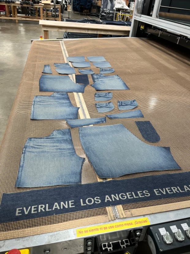 Laser-cut and -faded pieces for Everlane shorts, ready to be sewn together.<p>Photo: Dhani Mau/Fashionista</p>