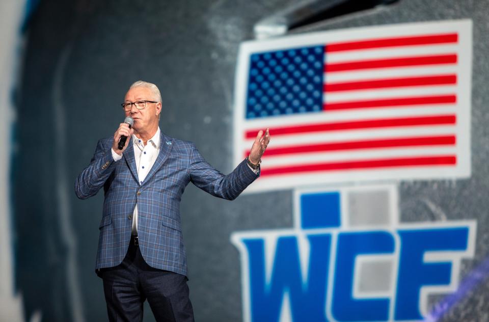 President and CEO Rod Wood stands on stage during the Detroit Lions' new uniform reveal event inside Ford Field in Detroit on Thursday, April 18, 2024.