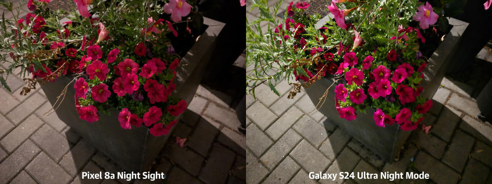 <p>A camera sample from the Pixel 8a compared to a similar shot taken by the Samsung Galaxy S24 Ultra.</p>
