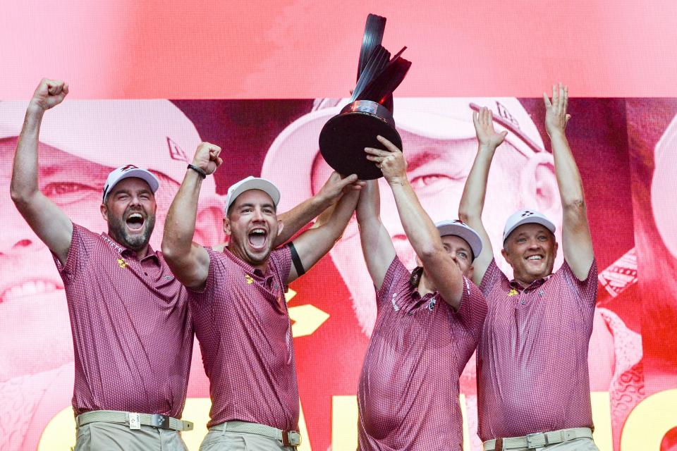 Marc Leishman, Lucas Herbert, Cameron Smith, and Matt Jones of Ripper GC celebrate winning the team competition after the final round of LIV Golf Adelaide at the Grange Golf Club in Adelaide on April 28, 2024. (Photo by Brenton Edwards / AFP) / -- IMAGE RESTRICTED TO EDITORIAL USE - STRICTLY NO COMMERCIAL USE -- (Photo by BRENTON EDWARDS/AFP via Getty Images)