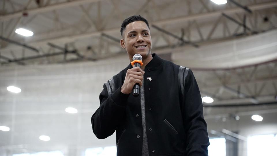 World Series MVP Jeremy Peña, a Classical High School graduate, talks to fans at the Providence Career & Technical Academy on Saturday during a reception to honor the Houston Astros star.