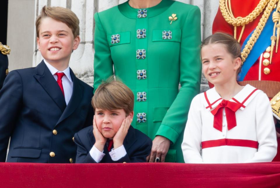 london, england june 17 prince george of wales, prince louis of wales and princess charlotte of wales on the balcony during trooping the colour on june 17, 2023 in london, england trooping the colour is a traditional parade held to mark the british sovereigns official birthday it will be the first trooping the colour held for king charles iii since he ascended to the throne photo by samir husseinwireimage