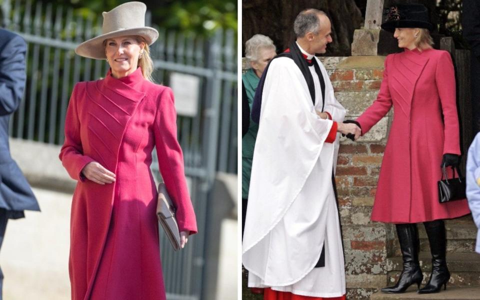 The Duchess of Edinburgh re-wearing a pink coat first seen on Christmas day in 2005 - Getty