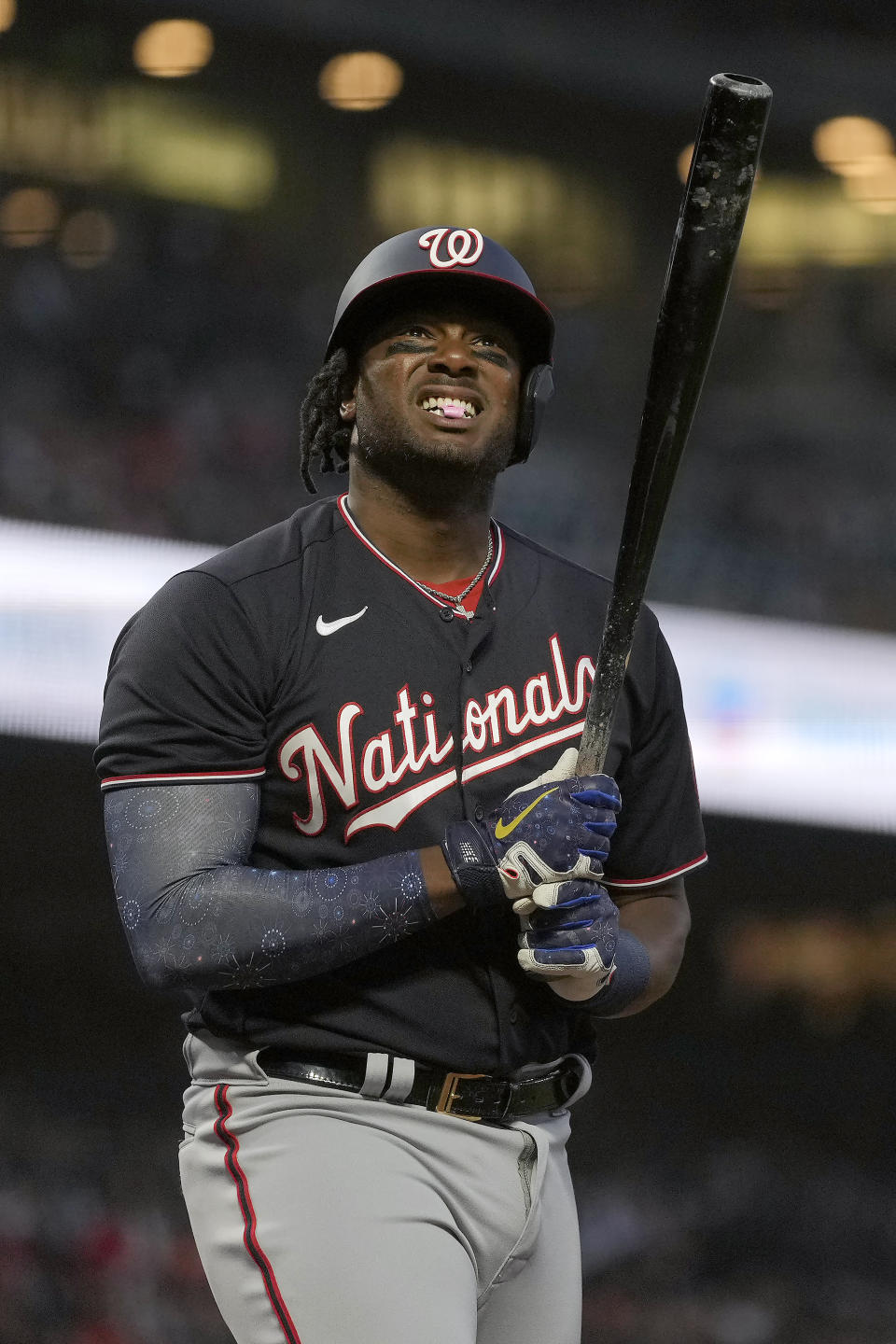 Washington Nationals' Josh Bell reacts after striking out against the San Francisco Giants during the fifth inning of a baseball game Friday, July 9, 2021, in San Francisco. (AP Photo/Tony Avelar)