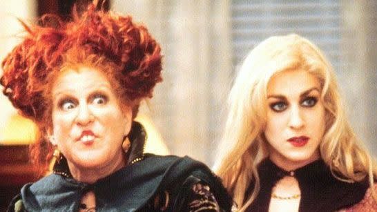 two of the sanderson sisters grimace on halloween night in a scene from 'hocus pocus,' a good housekeeping pick for best halloween movies