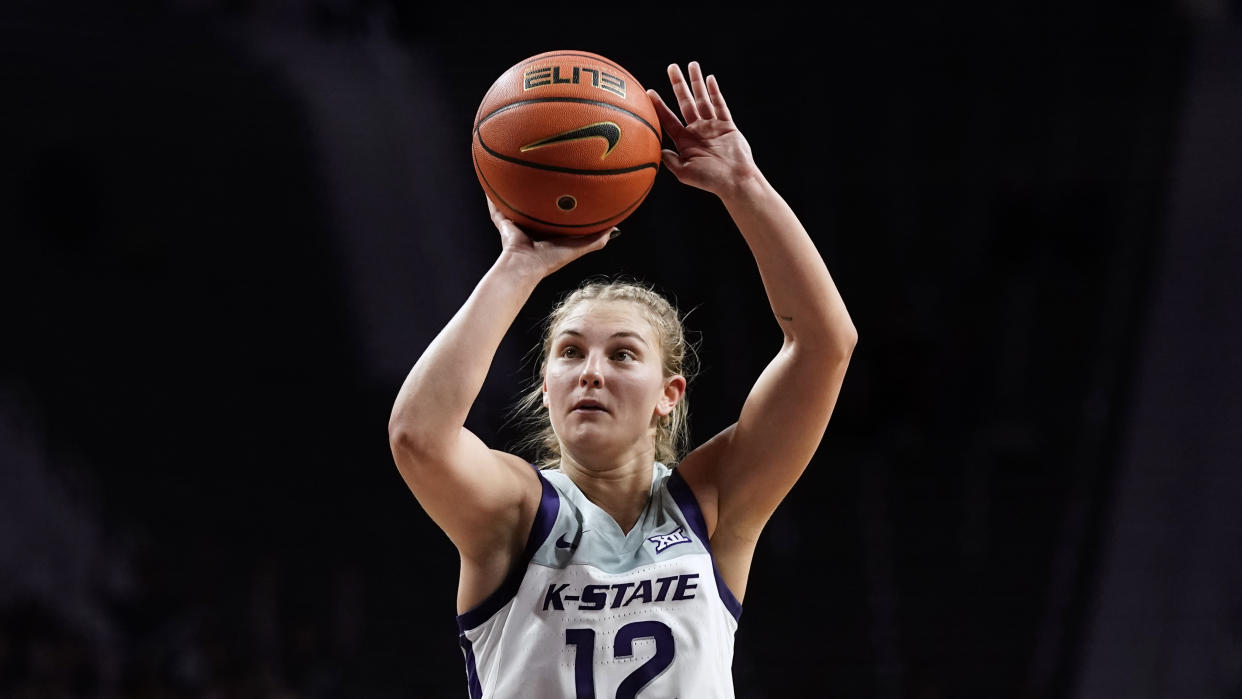 Kansas State guard Gabby Gregory shoots during the second half of a women's college basketball game against Iowa on Nov. 17, 2022, in Manhattan, Kansas. (AP/Charlie Riedel)
