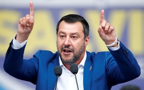 Italy's Deputy Prime Minister Matteo Salvini gestures as he speaks - Credit: Reuters