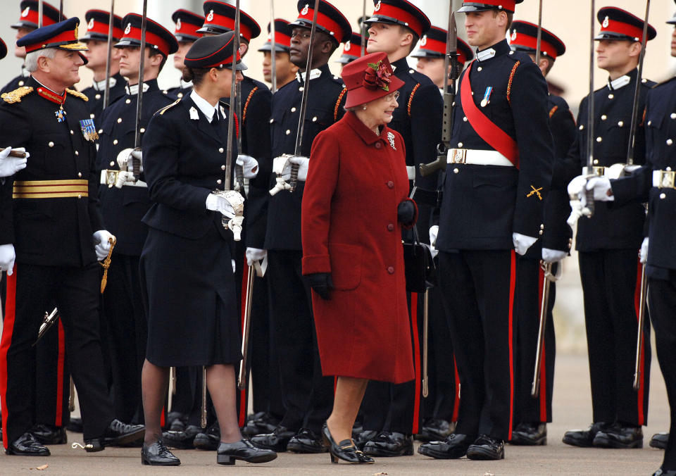 <p>Prince William inspected by his grandmother, the Queen , as he takes part in the Sovereign's Parade at the Royal Military Academy Sandhurst in December 2006. (Anwar Hussein)</p> 