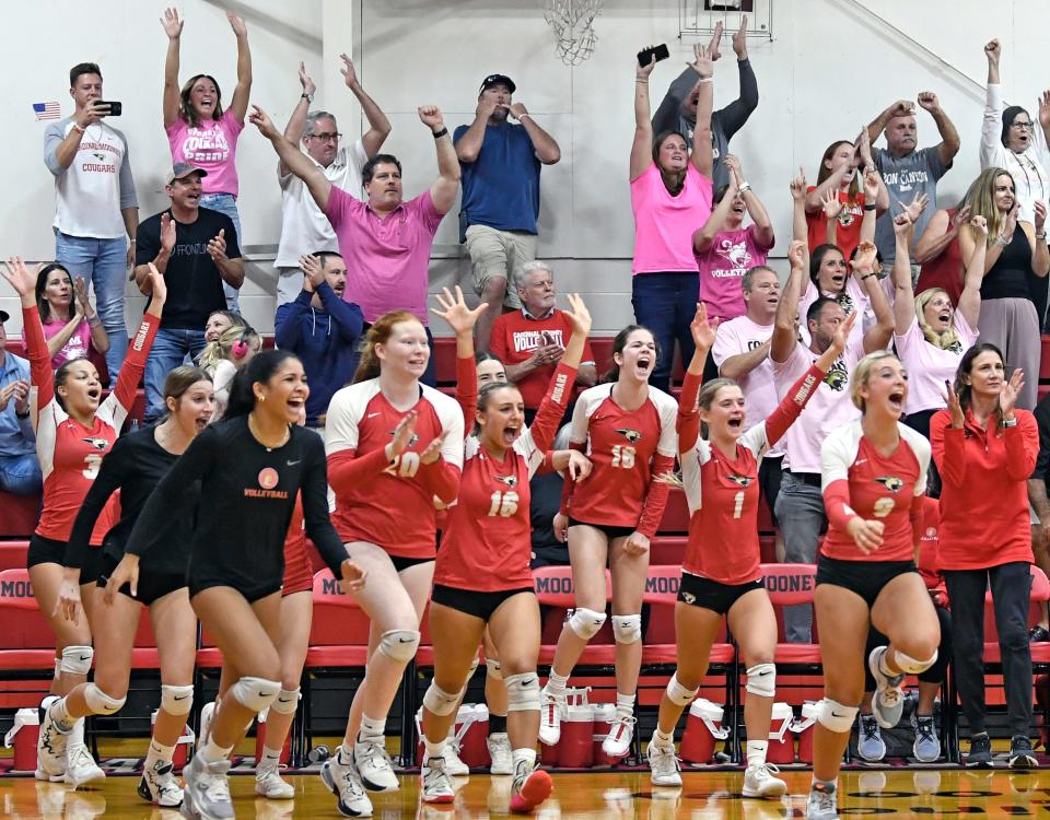 Cardinal Mooney Catholic High (Sarasota, FL) celebrates a three game sweep against Tampa Prep Tuesday, Oct. 24, 2023 night at Patterson Pavilion in Sarasota.