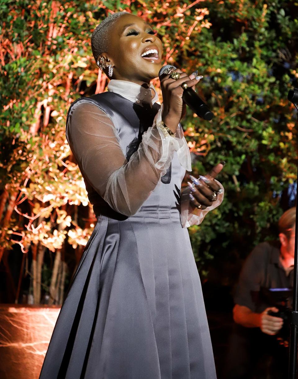 Cynthia Erivo performs during the Krug Encounter Miami with Thom Browne on Wednesday in Florida.