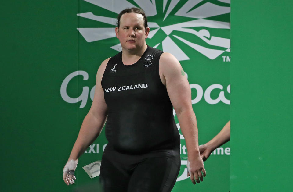 GOLD COAST, AUSTRALIA - APRIL 09:  Laurel Hubbard of New Zealand walks on stage during the Women's +90kg Final during the Weightlifting on day five of the Gold Coast 2018 Commonwealth Games at Carrara Sports and Leisure Centre on April 9, 2018 on the Gold Coast, Australia.  (Photo by Scott Barbour/Getty Images)