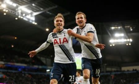 Football Soccer - Manchester City v Tottenham Hotspur - Barclays Premier League - Etihad Stadium - 14/2/16 Christian Eriksen celebrates with Harry Kane after scoring the second goal for Tottenham.Action Images via Reuters / Lee Smith