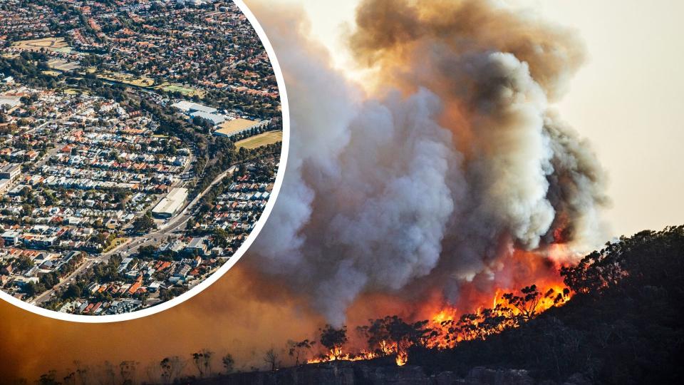 Pictured: Australian bushfire, Australian suburbs. Images: Getty