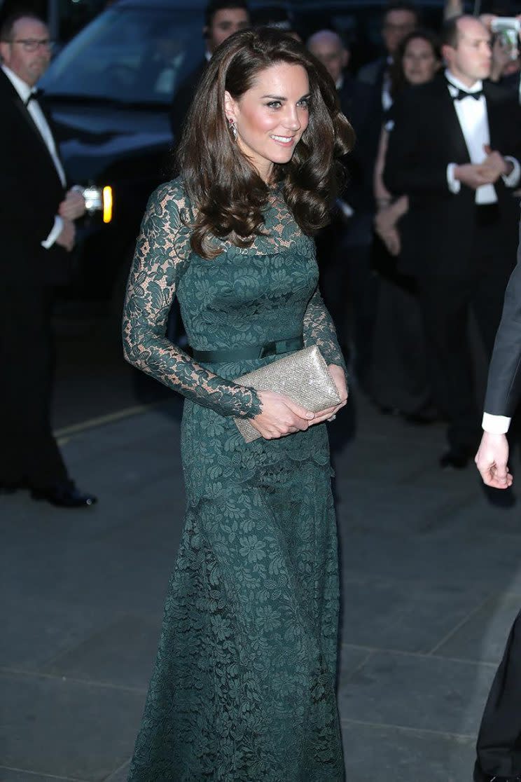 The Temperley emerald green gown Kate Middleton wore to the National Portrait Gallery in London stole the show. (Photo: Getty Images)