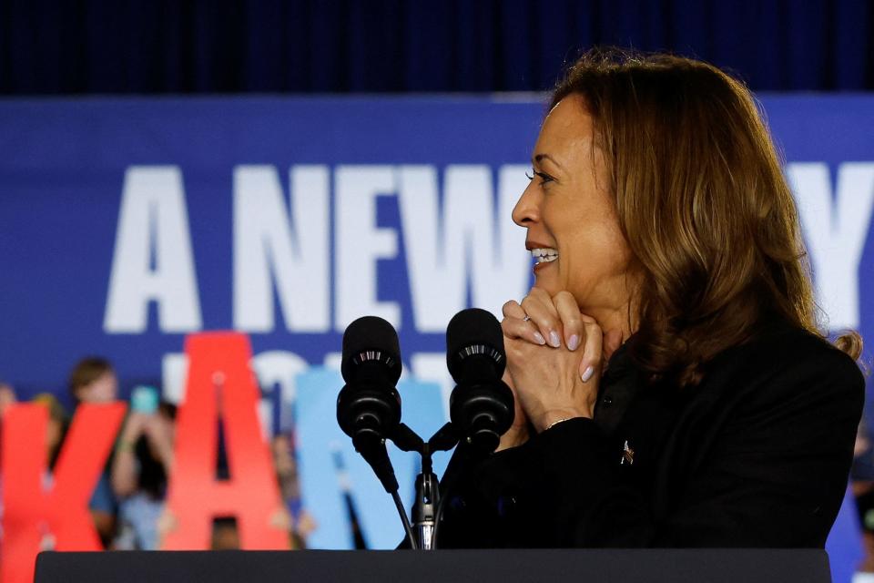 Democratic presidential nominee and U.S. Vice President Kamala Harris reacts during a campaign event in Wilkes-Barre, Pennsylvania, U.S., September 13, 2024. REUTERS/Evelyn Hockstein