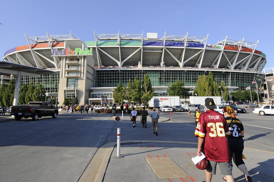 FILE - FedEx Field is photographed before an NFL preseason football game between the Pittsburgh Steelers and Washington Redskins in Landover, Md., Friday, Aug. 12, 2011. FedEx has ended its naming rights agreement to the Washington Commanders stadium that had been known as FedEx Field since 1999.(AP Photo/Nick Wass, File)