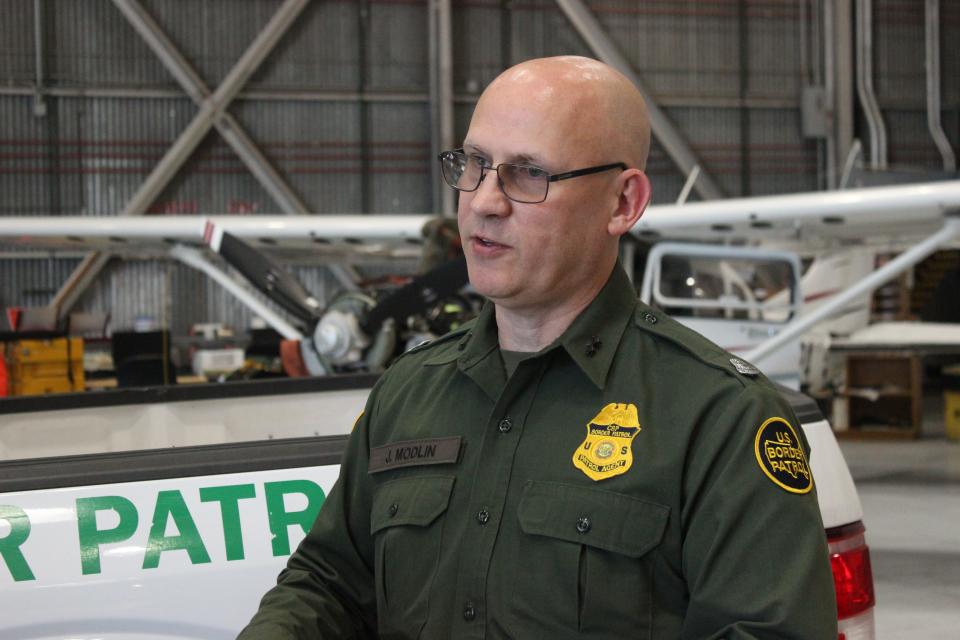John Modlin, chief patrol agent of the U.S. Border Patrol's Tucson Sector speaks at the Davis-Monthan Air Force Base about the sector's readiness on Monday, May 8, 2023. The event comes days ahead of Title 42's expected expiration on May 11.