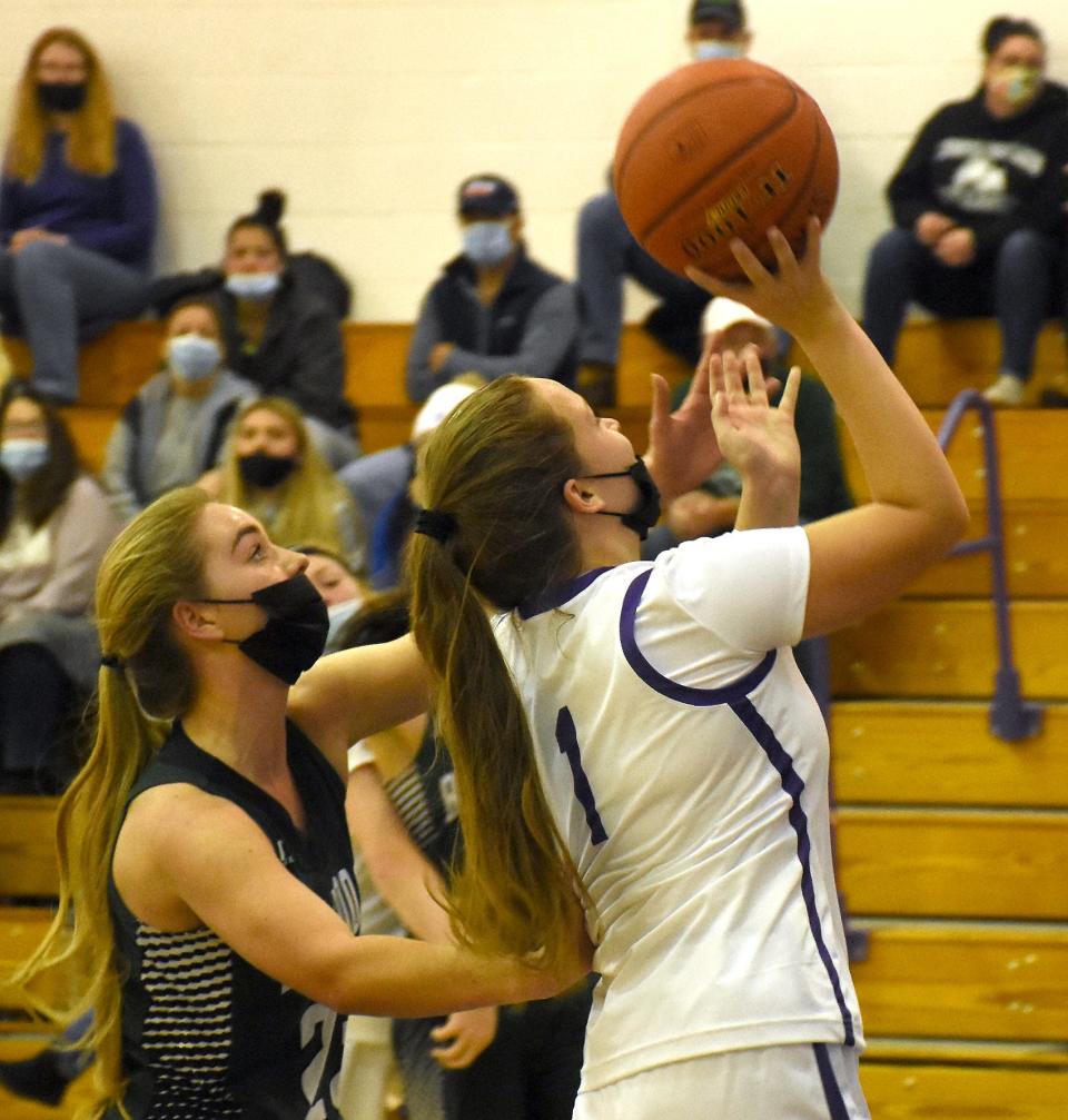 Hanna Burdick (1) goes up for a shot for West Canada Valley during the first half of Sunday's game against Westmoreland.