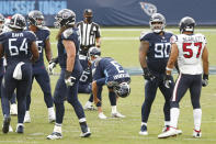 Tennessee Titans kicker Stephen Gostkowski (3) reacts after missing a 37-yard field goal against the Houston Texans in the second half of an NFL football game Sunday, Oct. 18, 2020, in Nashville, Tenn. (AP Photo/Wade Payne)