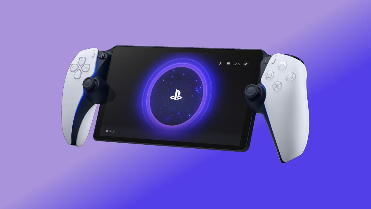  The PlayStation Portal handheld gaming console against a purple background. 