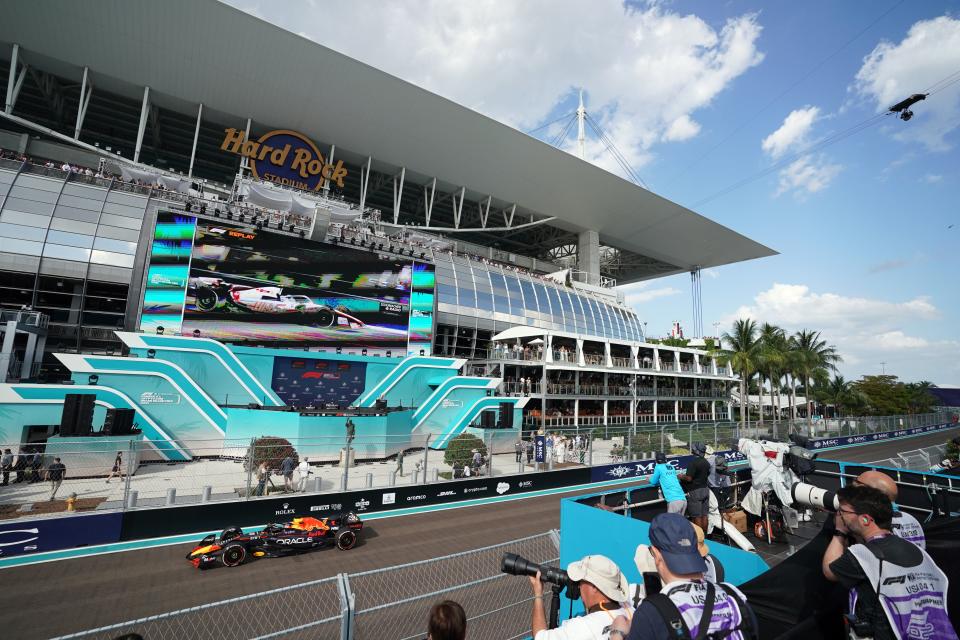 May 8, 2022; Miami Gardens, Florida, USA; Red Bull driver Max Verstappen of the Netherlands races during the Miami Grand Prix at Miami International Autodrome. Mandatory Credit: John David Mercer-USA TODAY Sports