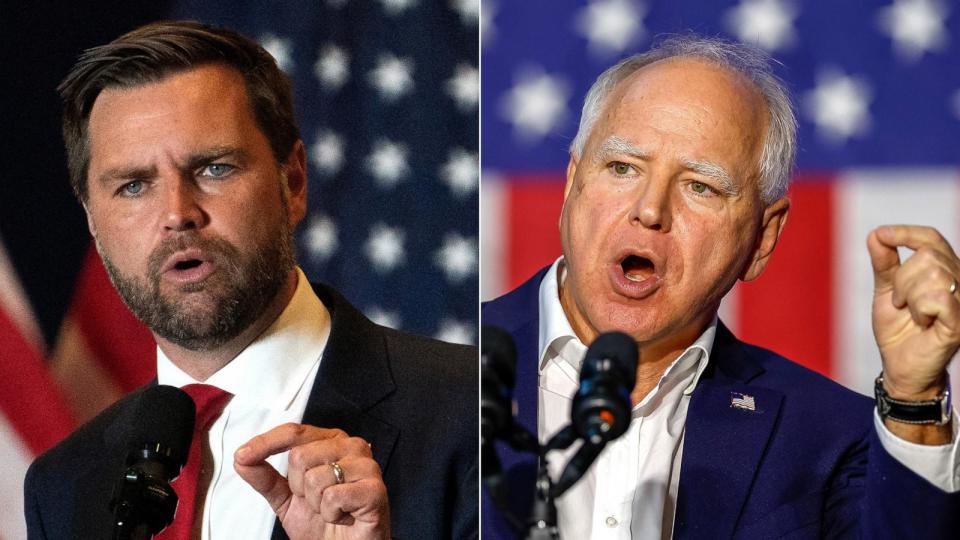 PHOTO: Republican vice presidential candidate Senator JD Vance speaks in Phoenix, Arizona on September 5, 2024. | Vice presidential candidate and Minnesota Governor Tim Walz speaks in Grand Rapids, Michigan, September 12, 2024. (Go Nakamura/Reuters | Brett Farmer/Shutterstock)