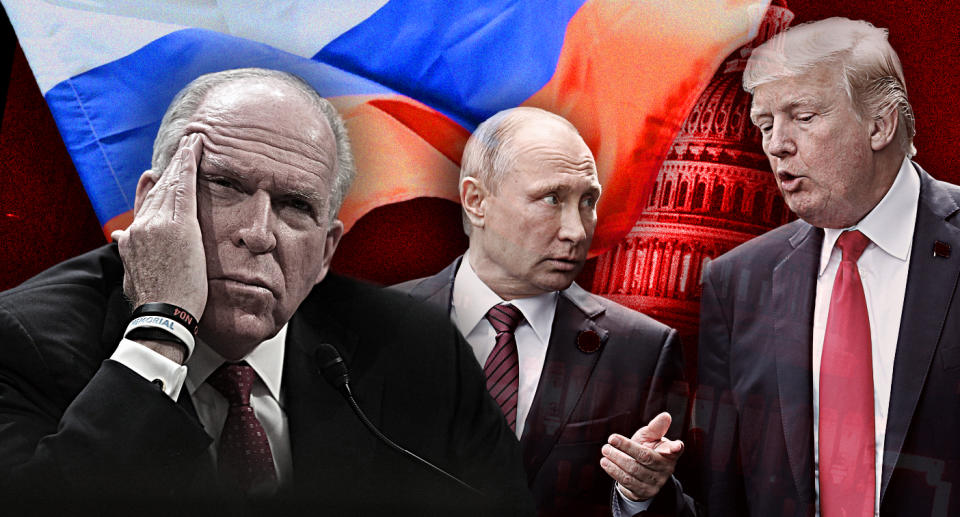 John Brennan, Vladimir Putin and Donald Trump. (Yahoo News photo illustration; photos: Alex Wong/Getty Images, Jorge Silva/Reuters, AP, /J. Scott Applewhite/AP)