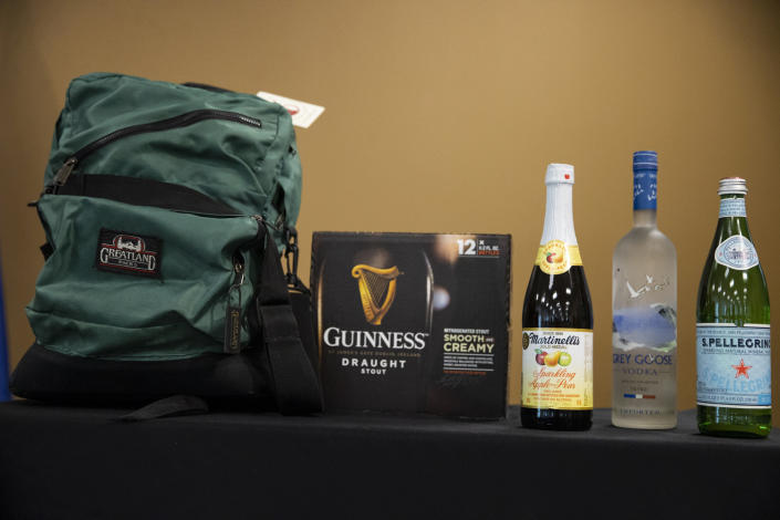 Items prohibited from the strip for the upcoming Las Vegas New Year's Eve celebration, are displayed during a press conference discussing preparations of the event at the Las Vegas Metropolitan Police Department headquarters in Las Vegas, Wednesday, Dec. 29, 2021. (Erik Verduzco/Las Vegas Review-Journal via AP)